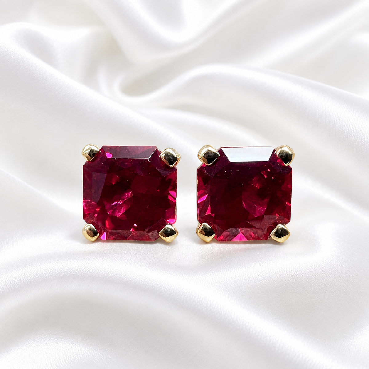 Radiant Cut Studs, 3.50CTW Blood Red Ruby Earring, Dainty Jewelry, 14k Yellow Gold, #6181