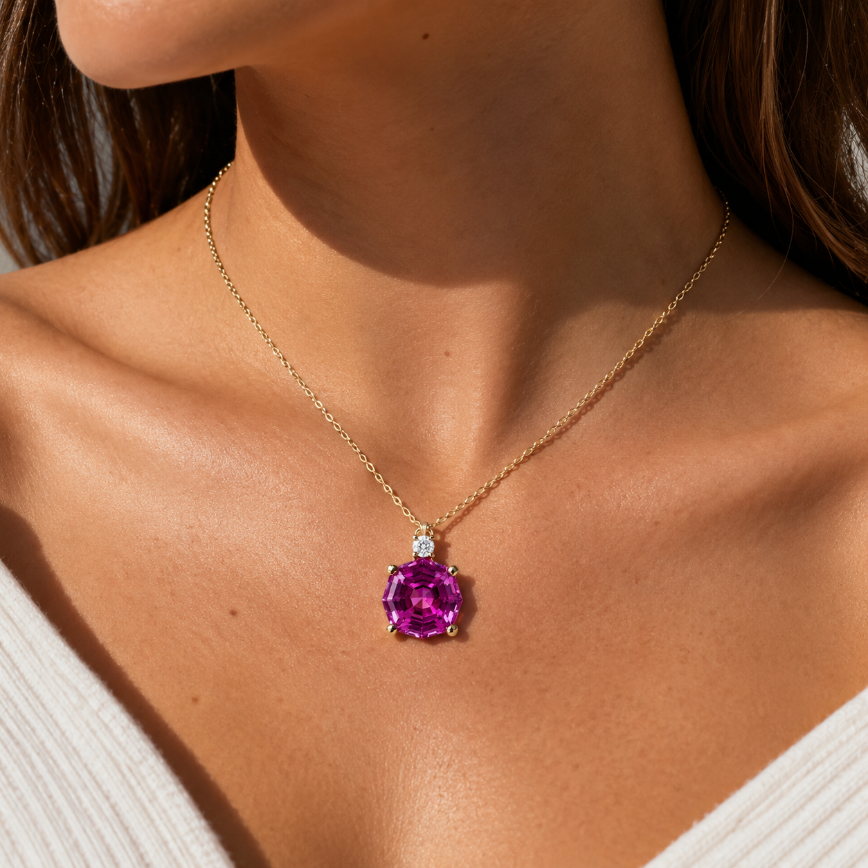 Pink Sapphire Pendant Necklace For Ladies, Unique Octagon Pink Sapphire Pendant Necklace, Dainty Pendant Necklace Anniversary Gift #6673