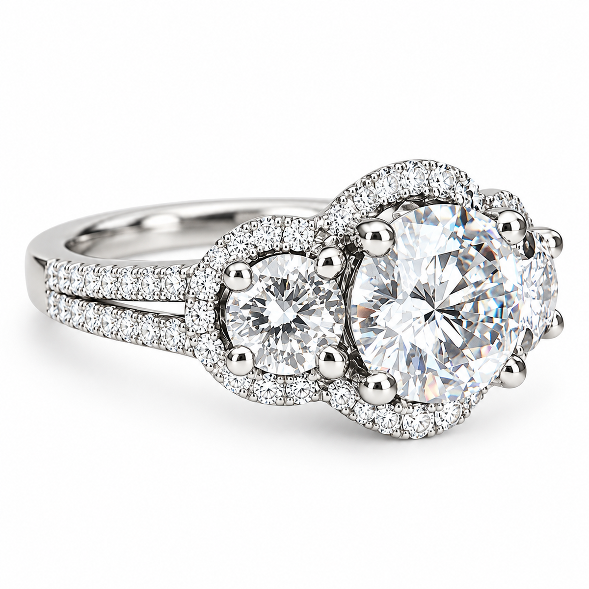Three Stone Round Halo Diamond Engagement Ring White Gold Vintage Style Round Engagement Ring Halo Setting Past Present Future Rings #4059