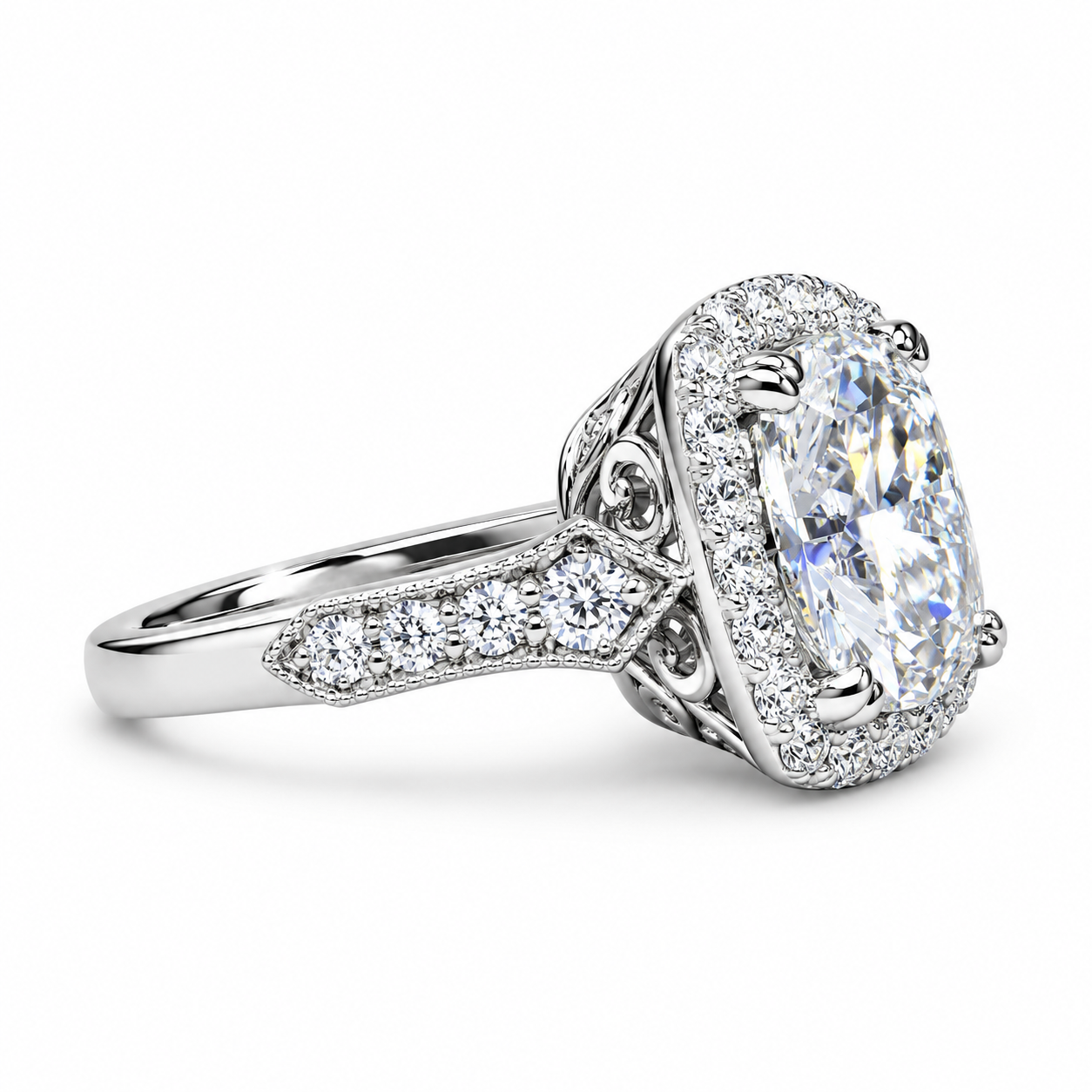Moissanite Engagement Ring 14k White Gold , Cushion Cut Moissanite Promise Ring For Her , Unique Vintage Halo Anniversary Bridal Ring #7333