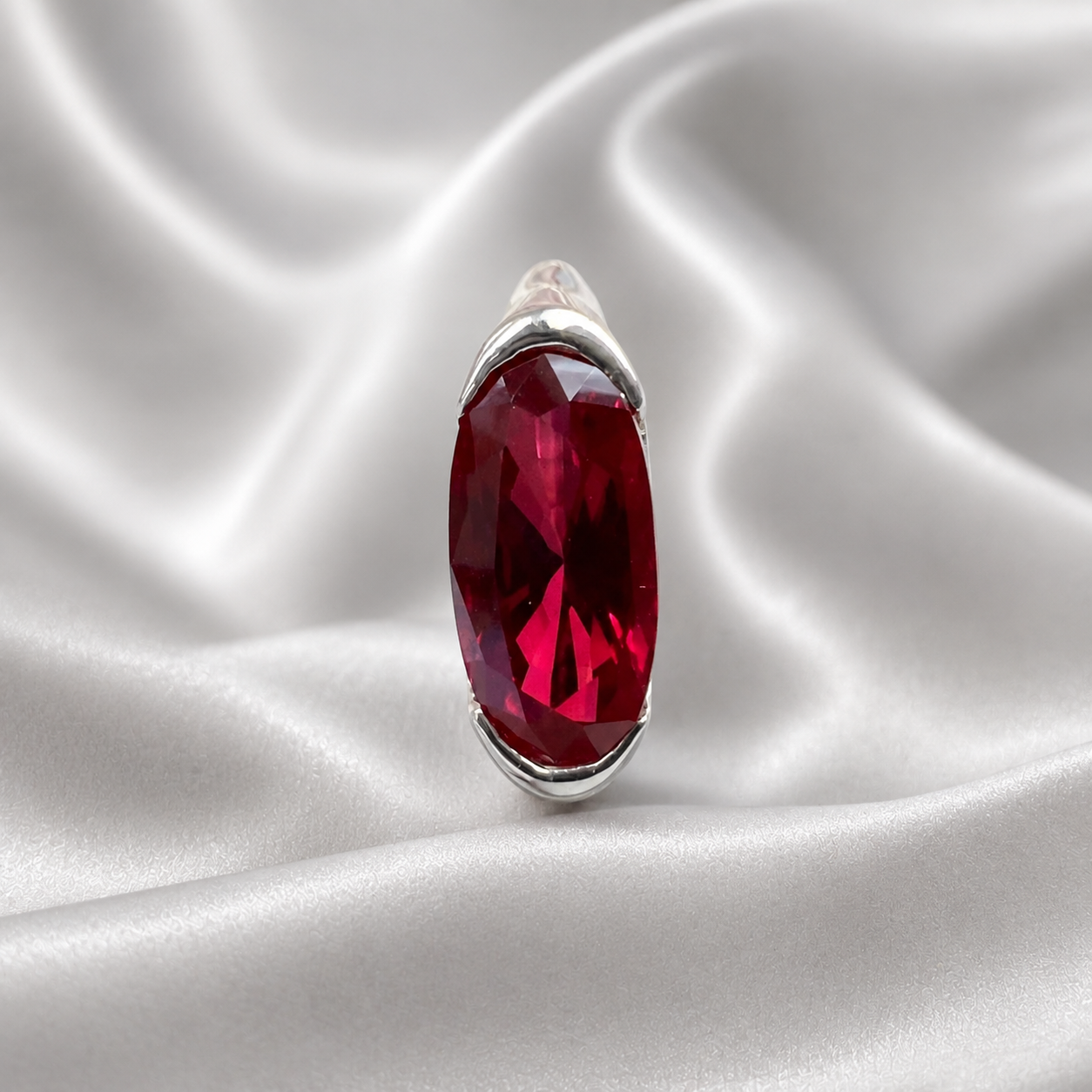 Elongated Oval Ruby East West White Gold Bezel Set , Ruby Statement Ring For Women , Unique Ruby Engagement Promise Anniversary Ring #7433