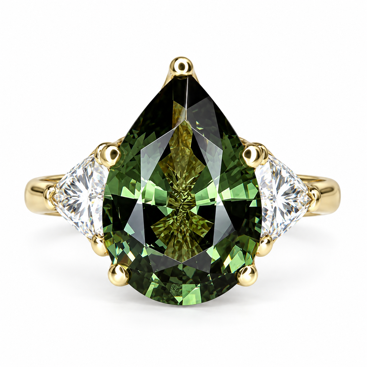 Pear Shape Olive Green Sapphire Engagement Ring White Gold Three Stone Sapphire Engagement ring Unique Wedding Promise Anniversary Ring 7408