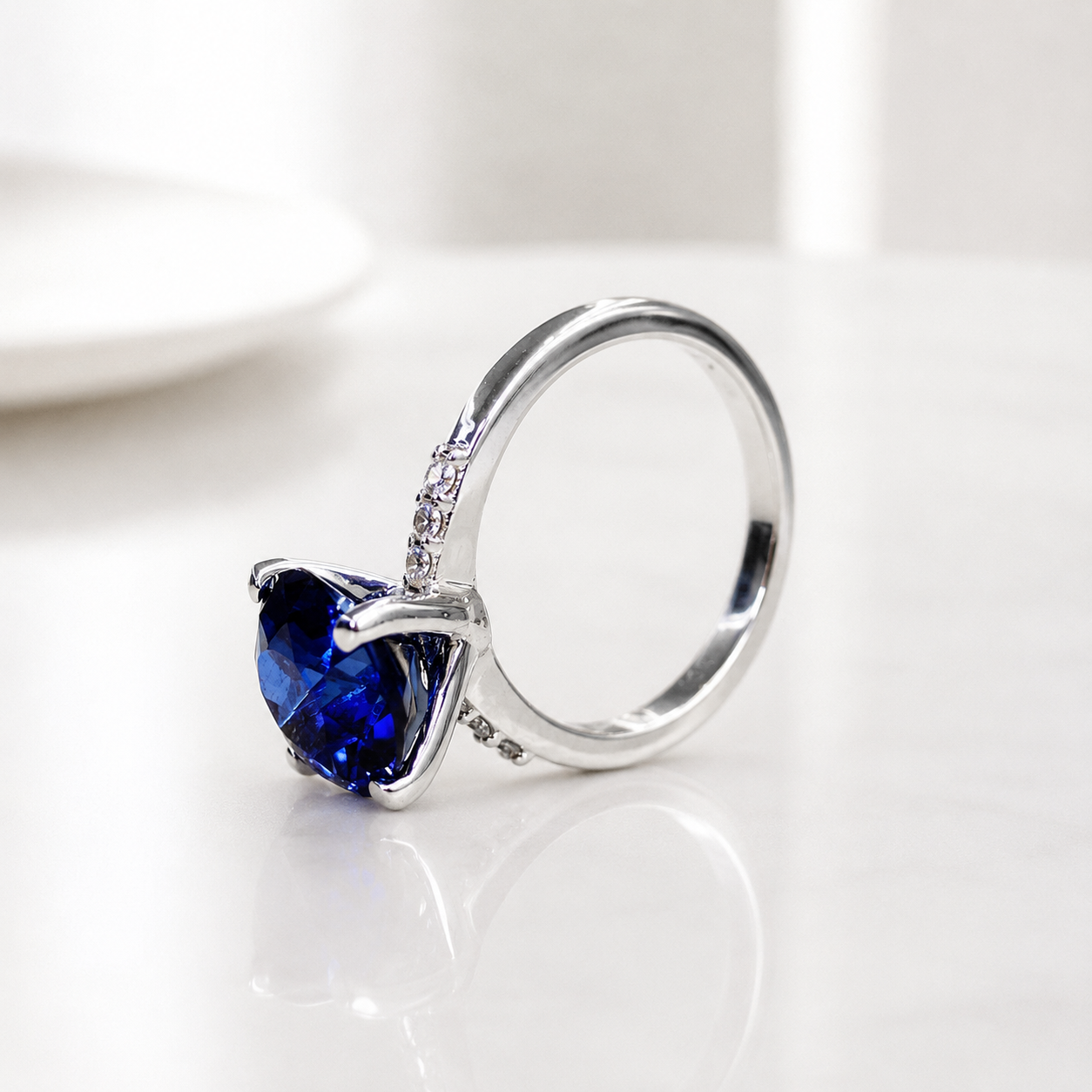 Round Blue Sapphire Engagement Ring 14k White Gold, Three Stone Blue Sapphire Engagement Rings , Blue Sapphire Promise Anniversary Ring 7259