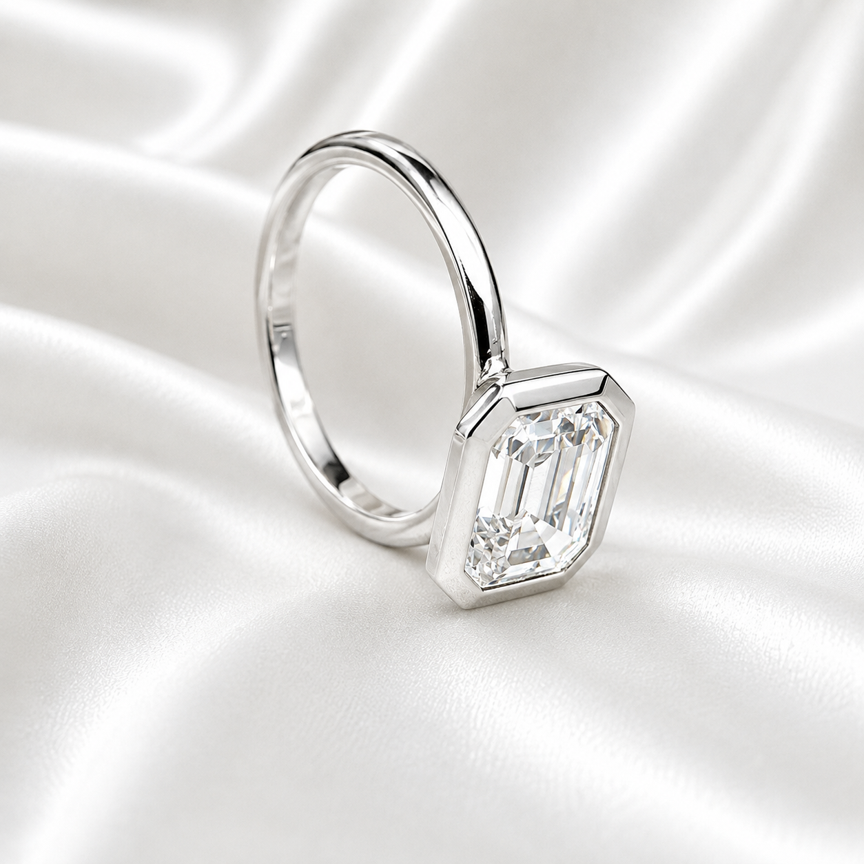 Emerald Cut Engagement Ring / Certified Moissanite Ring / East To West Bezel Set Ring / 14k White Gold / #6318