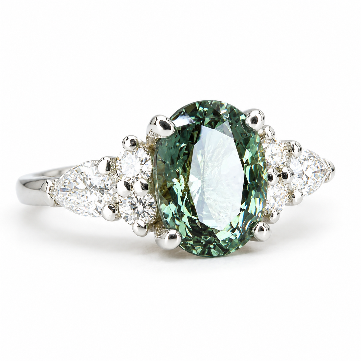 Oval Green Sapphire Engagement Ring 14K Solid Gold, Unique Vintage Oval Cluster Ring For Women, Olive Green Sapphire Engagement Rings #7207