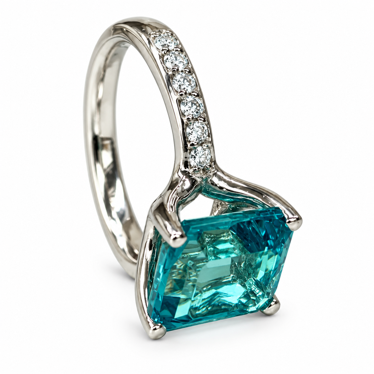 Emerald Cut Engagement Ring / Neon Blue Paraiba Wedding Ring / Paraiba and Moissanite Ring / 14k White Gold / #6268