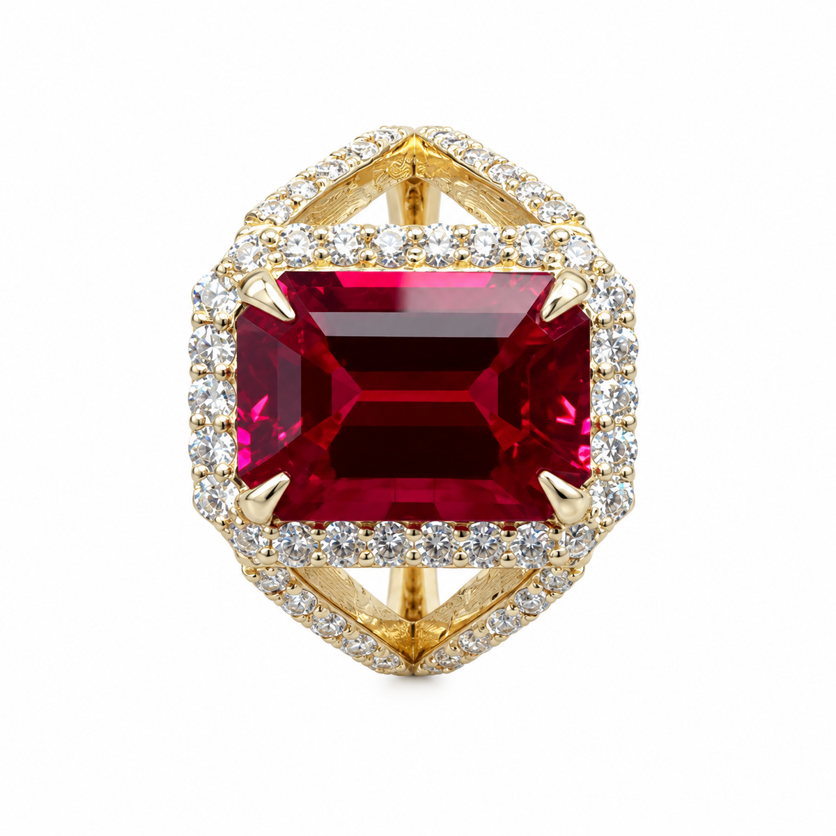 Emerald Cut Ruby and Moissanite Engagement Ring 14K Yellow Gold Unique Vintage Style Emerald Cut Halo Engagement Rings Heavy Gold Ring #7481