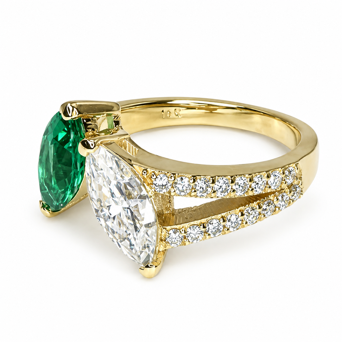 Toi et Moi Ring, Two Stone Engagement Ring Birthstone Ring Emerald Marquis and Moissanite Unique Engagement Ring Anniversary Ring Love Ring