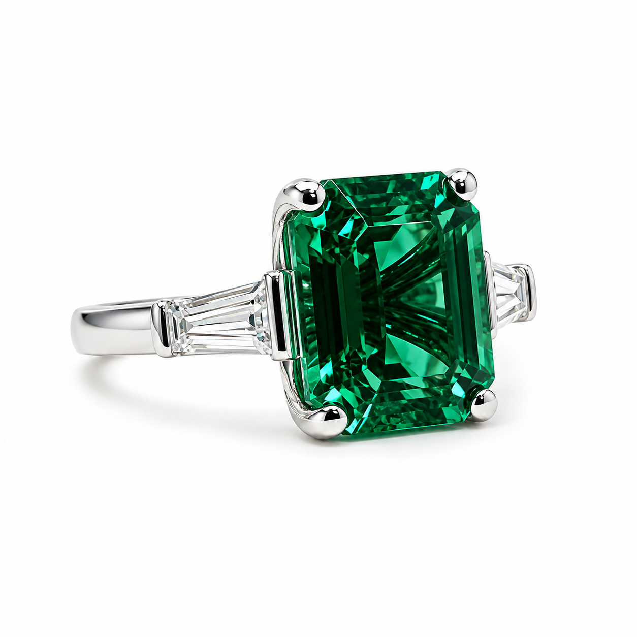Emerald Cut Emerald Engagement Ring Moissanite Baguettes 14K White Gold Emerald Green Emerald Cut Engagement Rings Unique Wedding Ring 7363