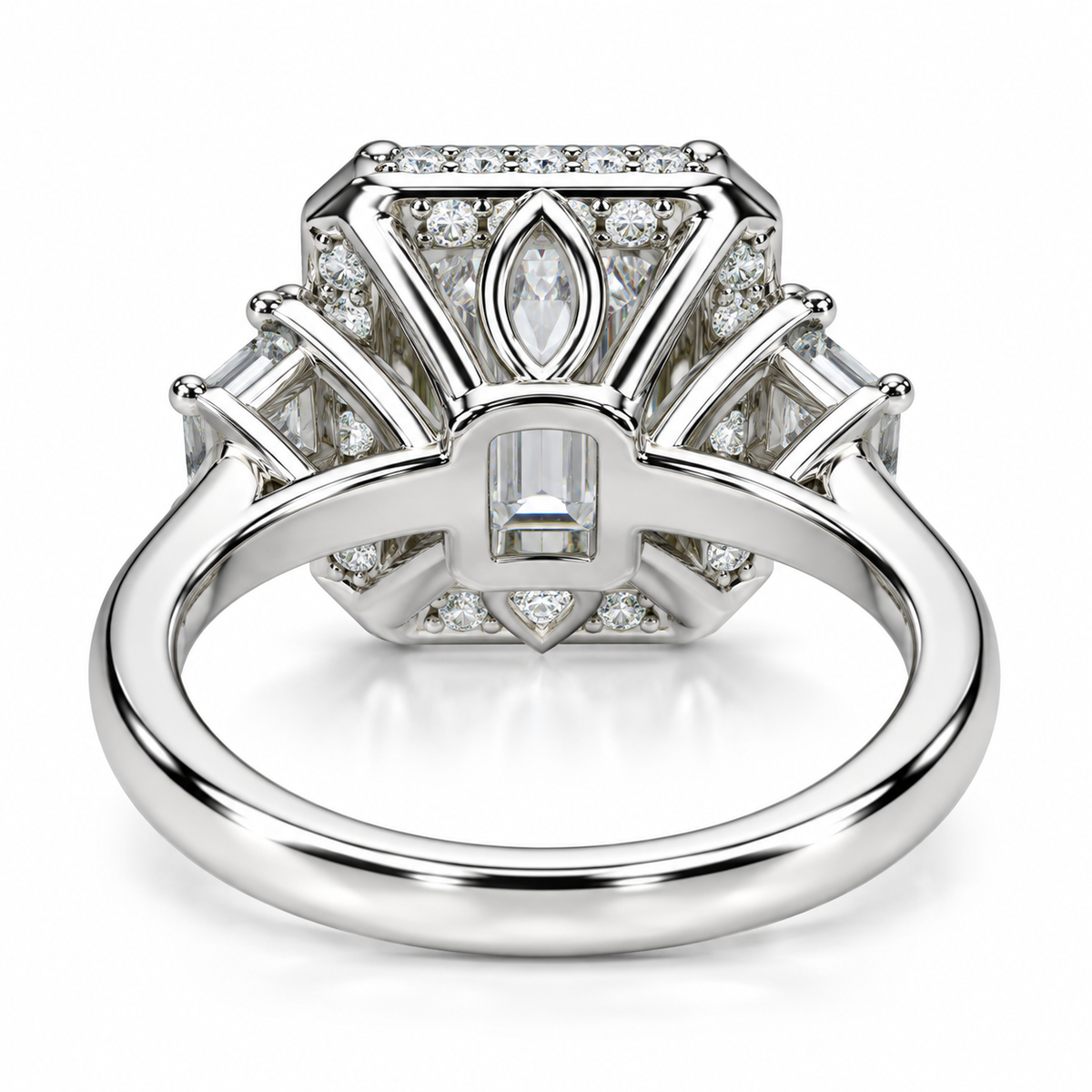 Emerald Cut Moissanite Engagement Ring, Moissanite Halo Wedding Ring For Her, Ladies 14k White Gold Trapezoid Moissanite Cluster Ring #7108