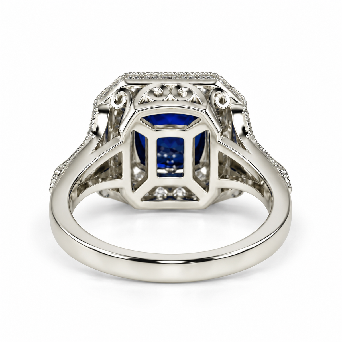 Cushion Cut Blue Sapphire Engagement Ring Women 14K White Gold, Vintage Unique Moissanite Engagement Rings, Edwardian Moissanite Ring #7182
