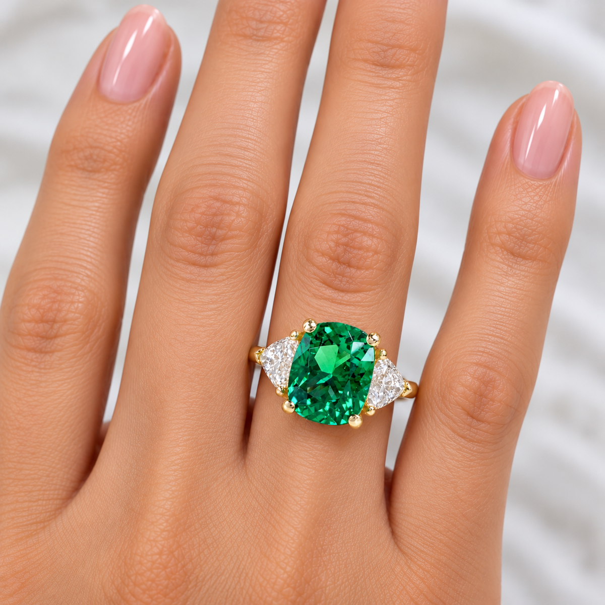 5ct cushion Cut Emerald Engagement Ring 14K Solid Gold With Trillon Accents , May Birthstone Ring , Gemstone Rings #7345