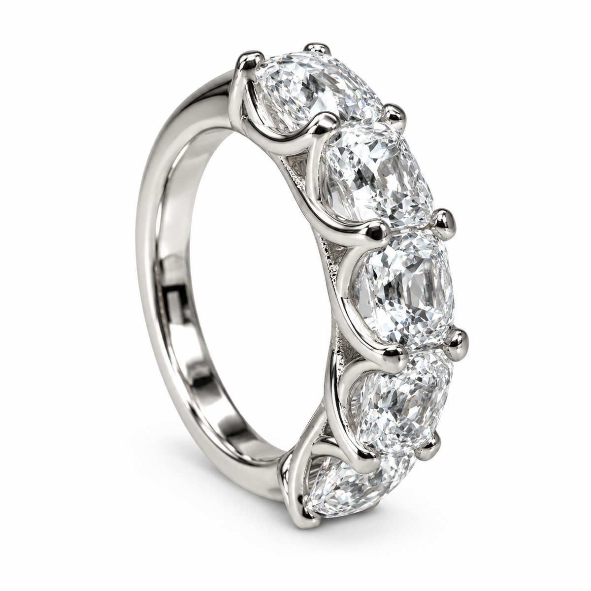 Radiant cut moissanite band, five stone square shape wedding ring, 3.75ctw, 14k white gold #6004