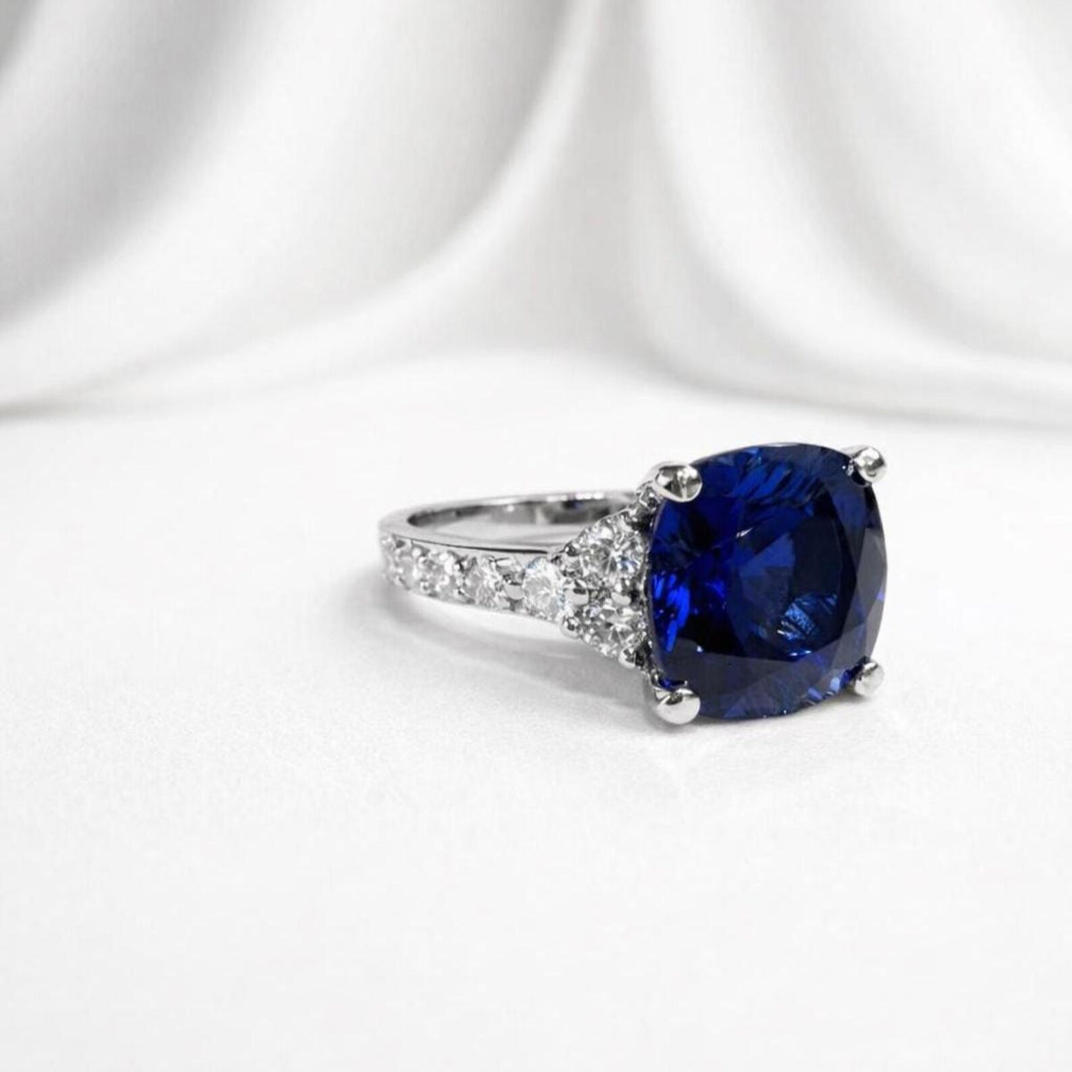 Blue Sapphire Ring 14K White Gold, September Birthstone Wedding Ring, Cushion Cut Blue Sapphire Engagement Ring, Unique Sapphire Ring