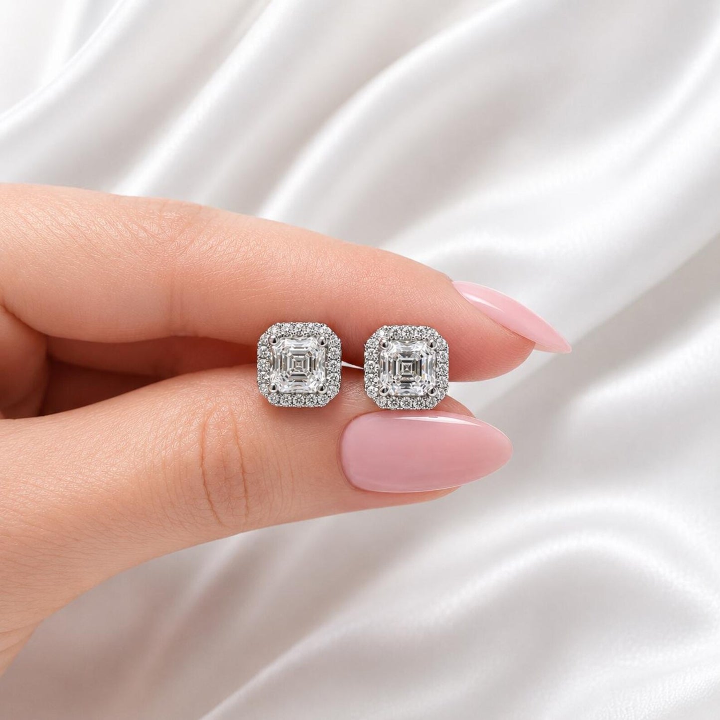 Asscher Cut Lab Grown Diamond Stud Earrings, Halo Diamond Earrings, 14K Solid Gold Earrings, Square Diamond Studs For Women #8954