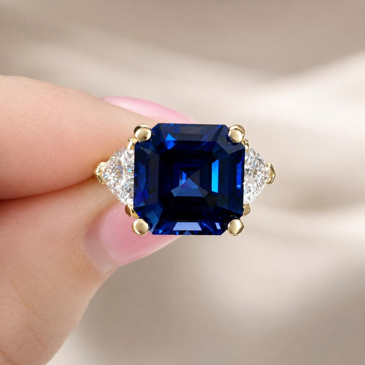 Asscher Cut Blue Sapphire Engagement Ring Solid 14k Yellow Gold, Moissanite Trillion Accents, Moissanite Ring Wedding Ring For Her