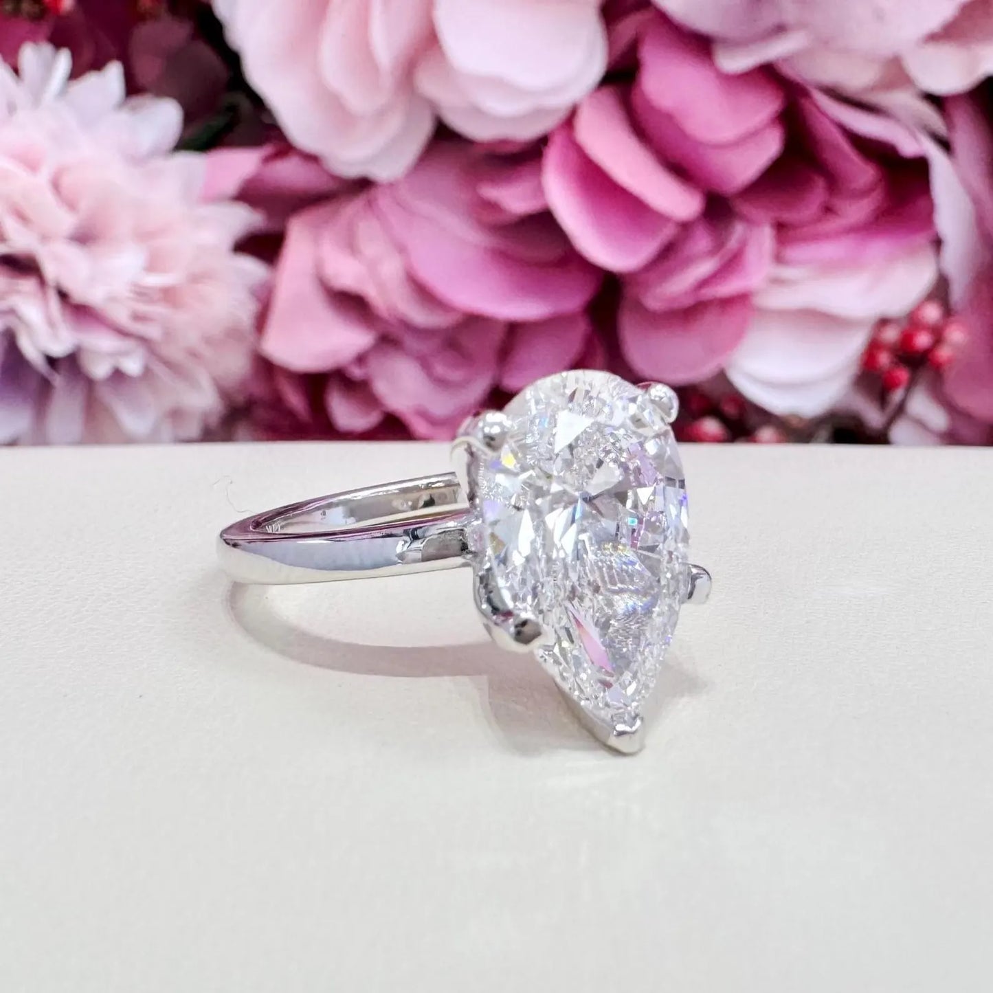 4.00CTW Large Pear Shaped Lab Grown Diamond Solitaire Engagement Ring 14K Gold, 5 Prong Pear Cut Wedding Ring, IGI Certified Diamond, #8748