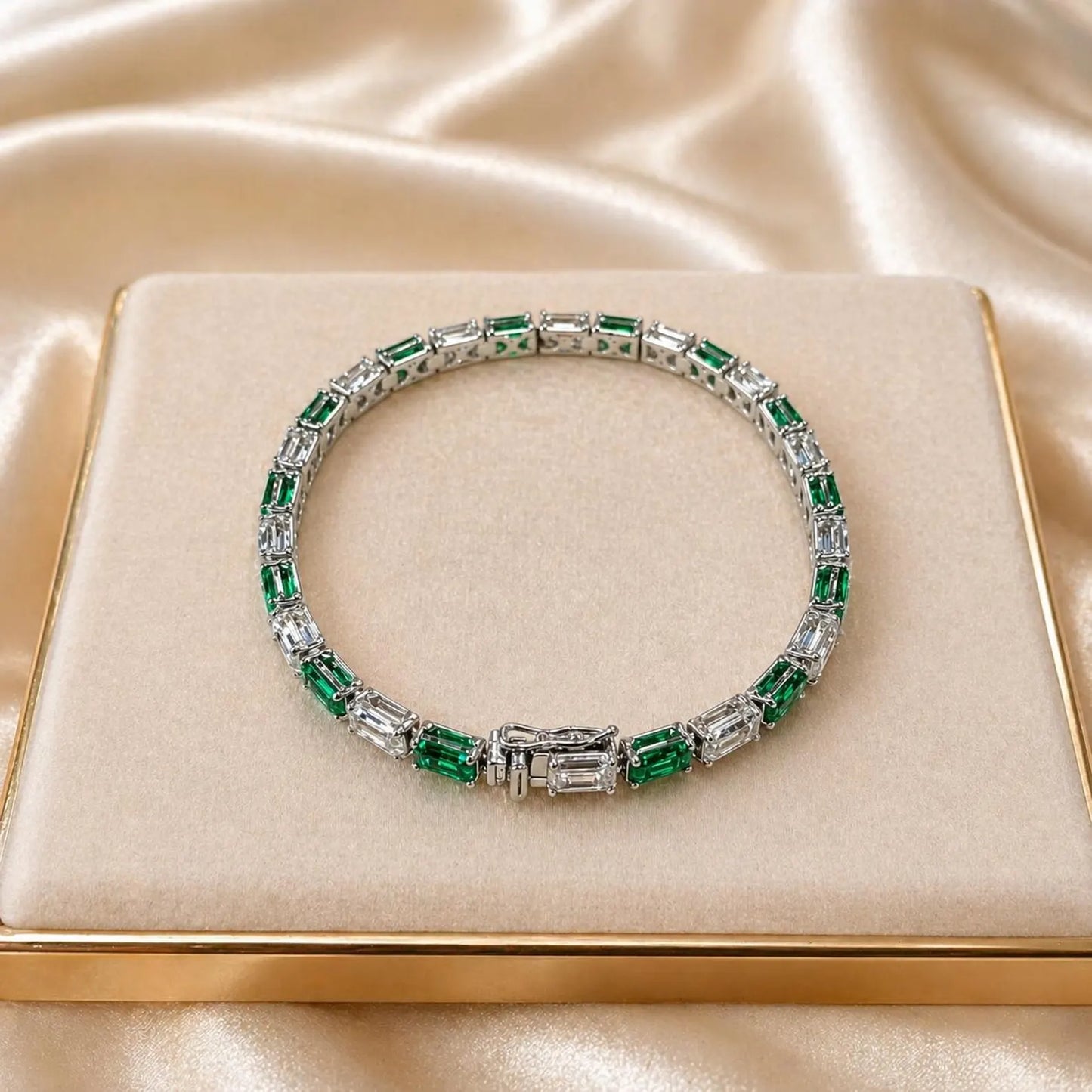 Lab Grown Diamond Bracelet with Emeralds, Emerald Cut Tennis Bracelet, White Gold Diamond Bracelet, #8945