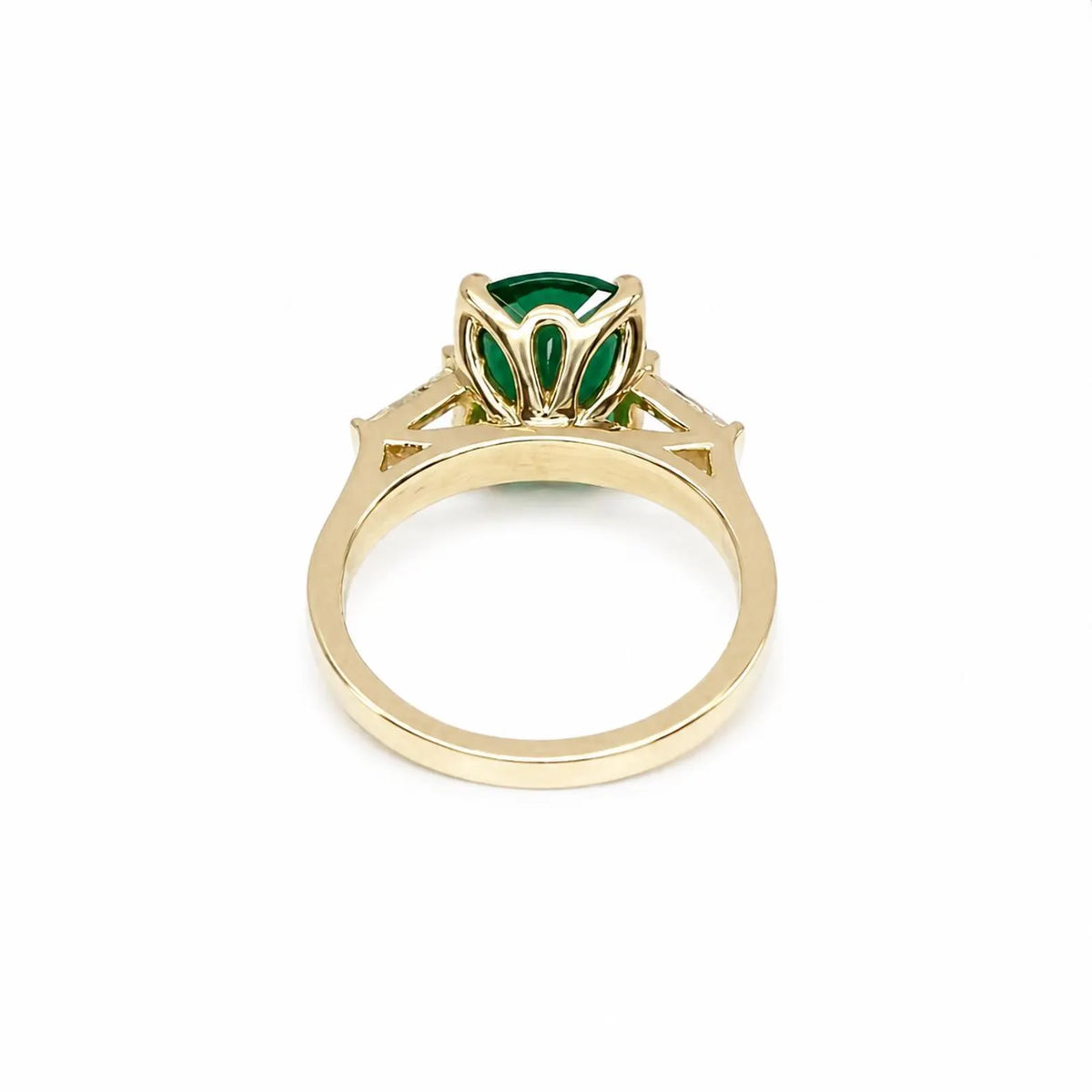 Emerald green cushion cut engagement ring, yellow gold unique elongate green emerald ring, three stone ring emerald and baguette ring #6727