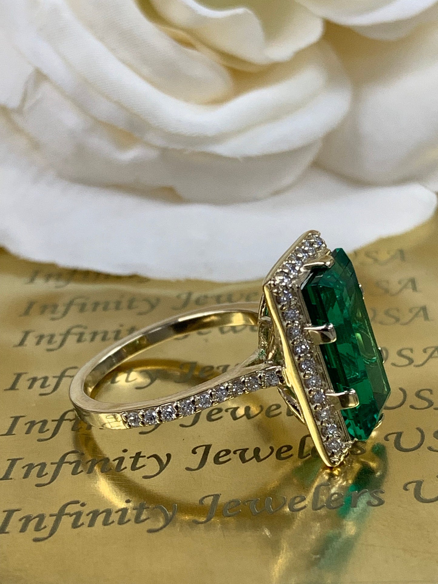 Emerald Green Elongated Baguette, Diamond Halo Engagement Ring, 14K Yellow Gold Tulip Head Setting / Wedding Ring/ 5971
