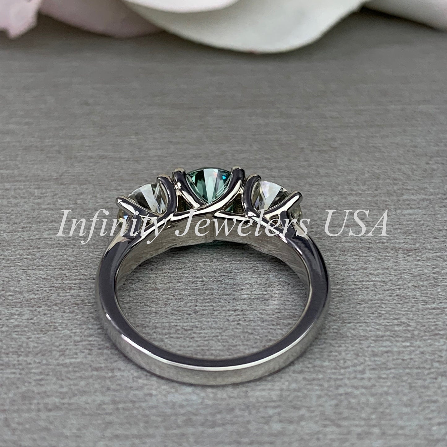 Moissanite Engagement Ring / Green and White Wedding Ring / Ladies Classic Ring / Anniversary Gift / 14k White Gold / #6169