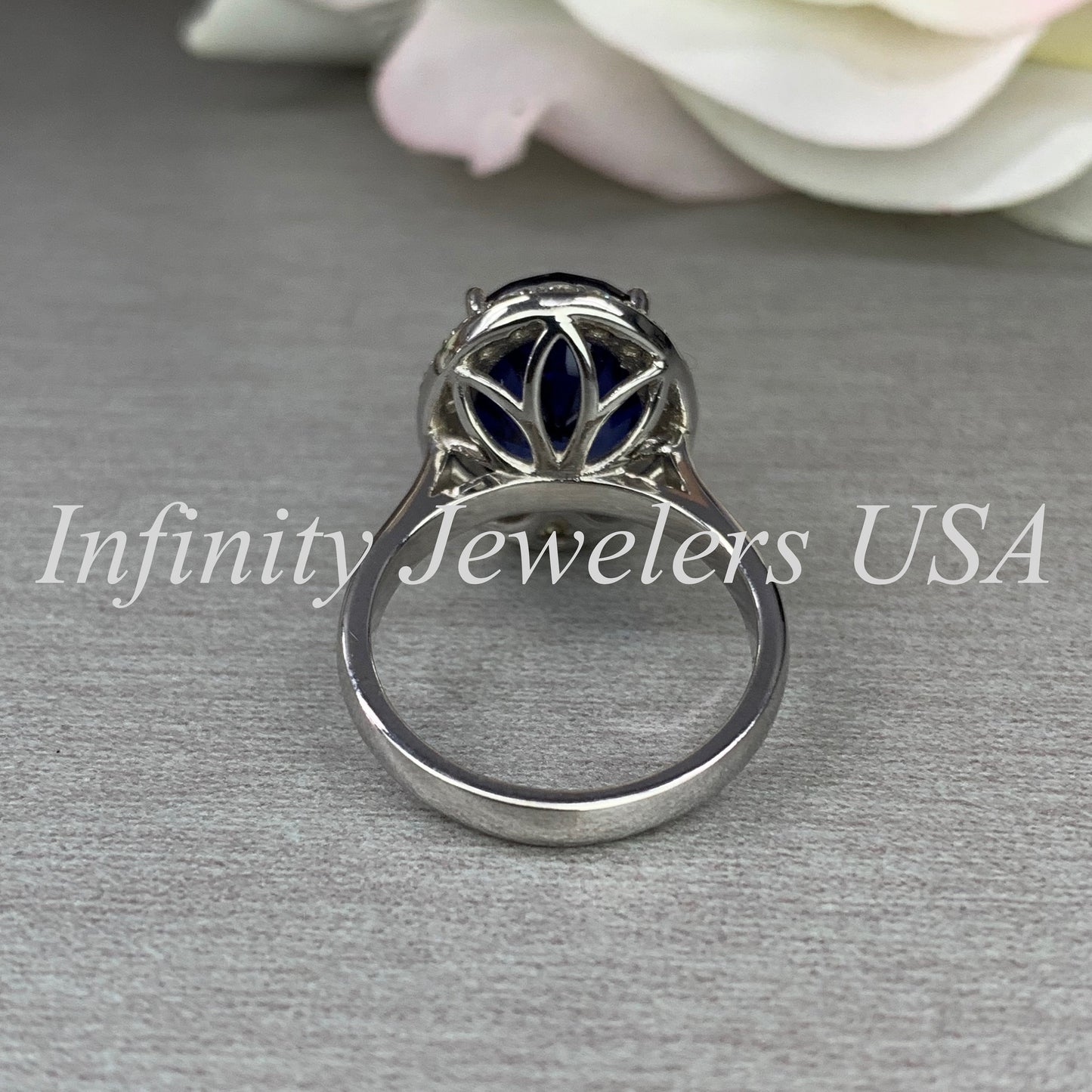 Elongated Oval Sapphire And Diamond Halo Style Engagement Wedding Anniversary Ladies Ring 14K White Gold #5656