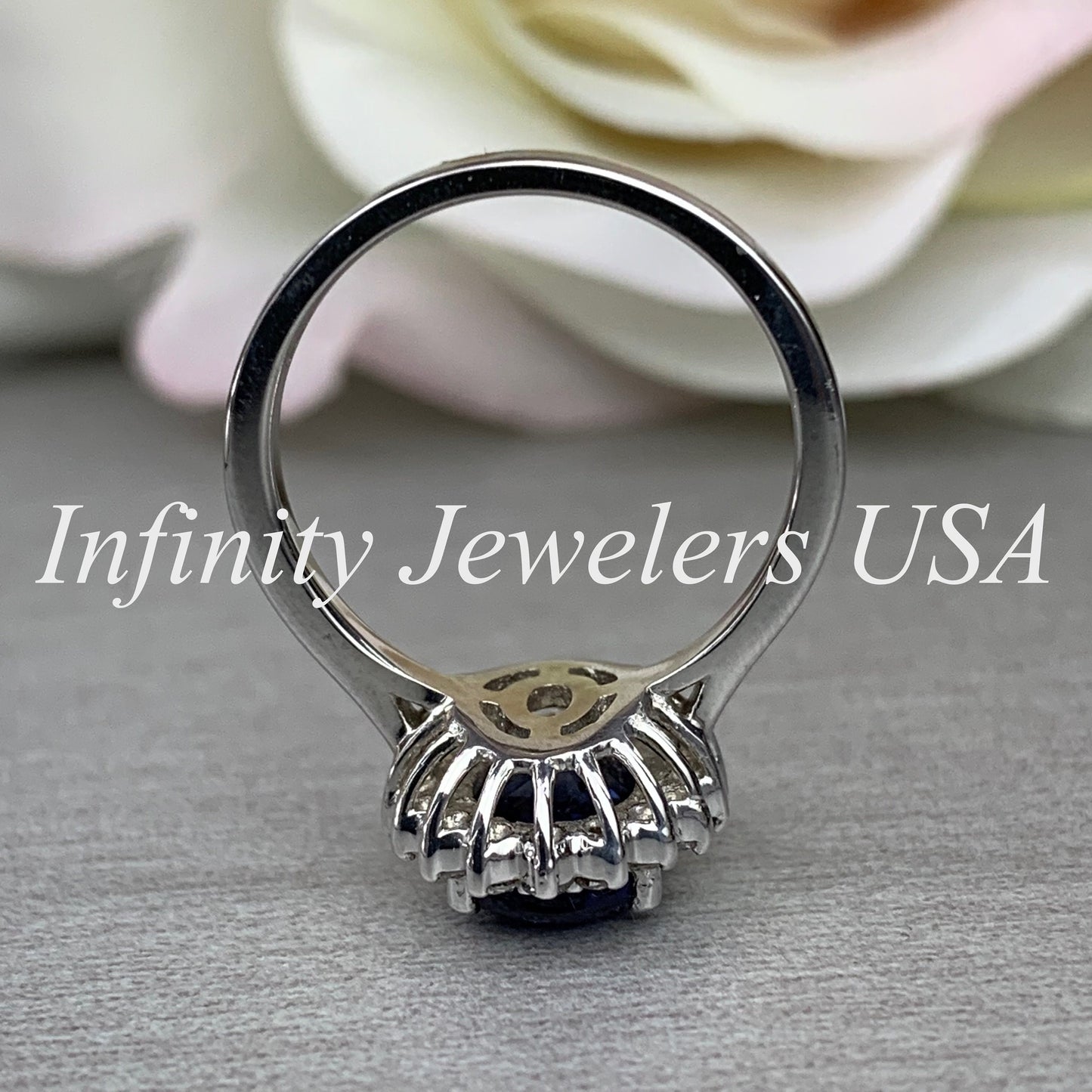 Oval Cut Blue Sapphire Engagement Ring, Diamond Halo Engagement Ring, Moissanite Ring, 2.50ctw, 14K White Gold #6077 #6807