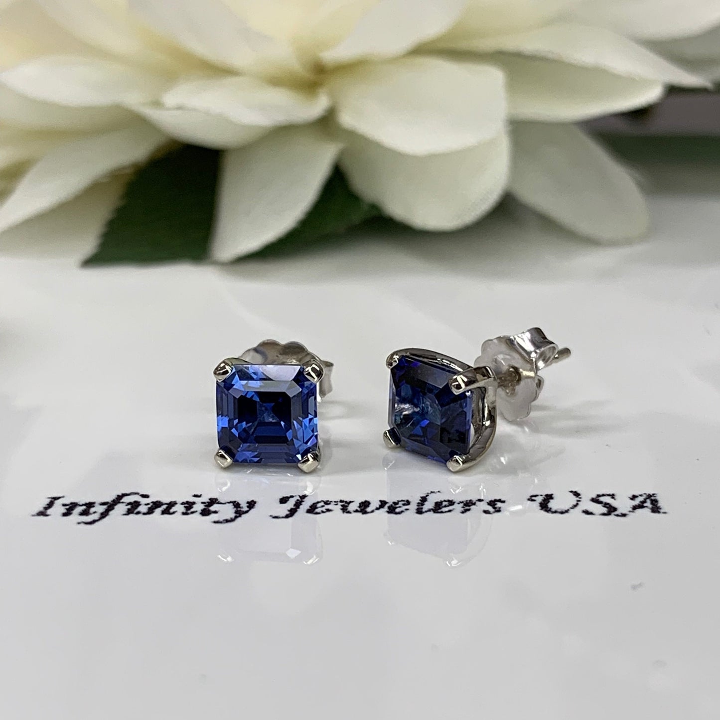 Blue Sapphire Stud Earrings 14K White Gold, Unisex Sapphire Earrings Asscher Cut, Dainty Minimal Square Studs Blue Sapphire Earrings