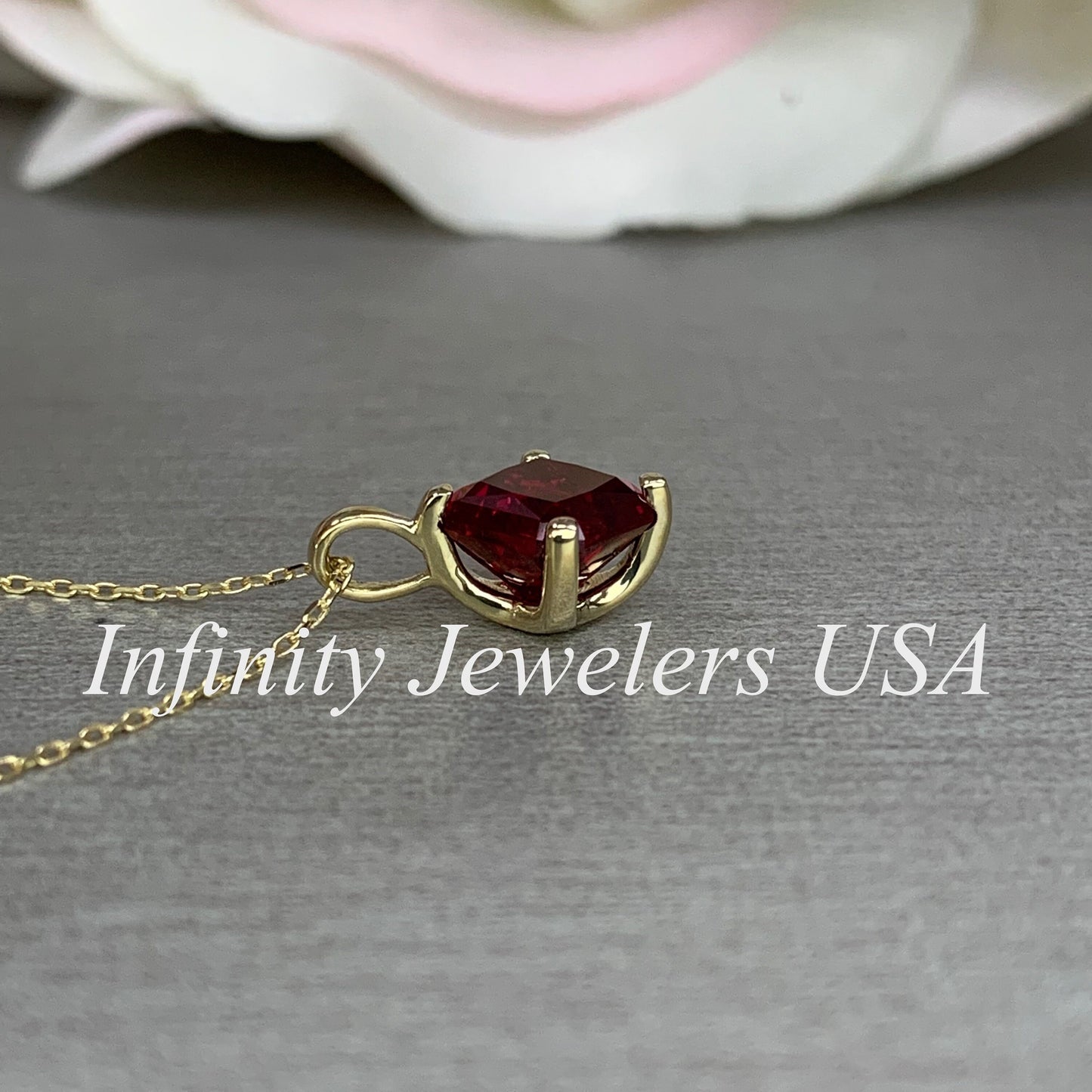 Radiant Cut Ladies Necklace / Bloody Red Ruby Necklace / Everyday Necklace / Anniversary Gift / 18" Cable Chain / 14k Yellow Gold / #6187