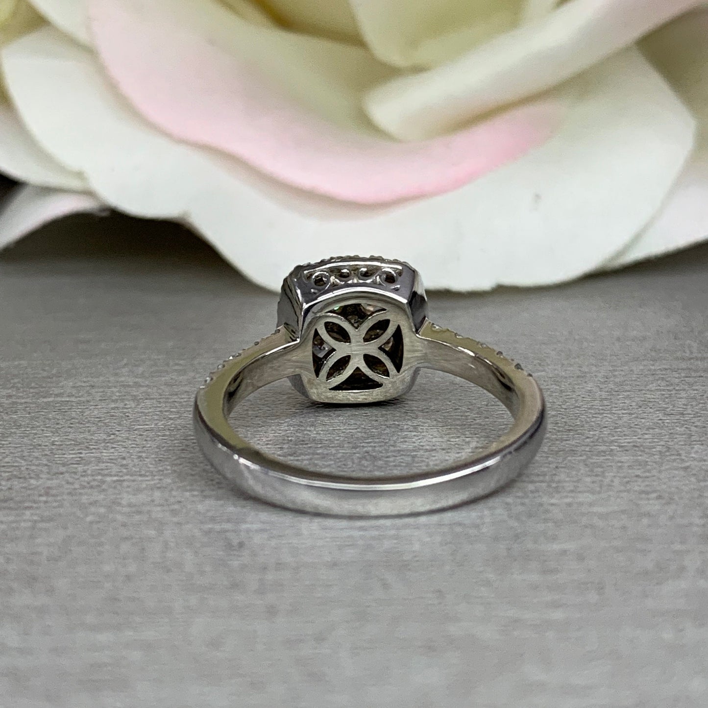 Round Diamonds Cushion Shape Ring / Diamond Halo Engagement Ring / 14k White Gold / #3895