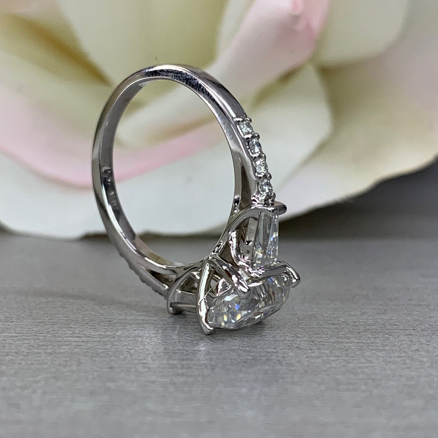 Oval moissanite and diamond engagement ring with baguettes and round accents, 14k white gold #5074