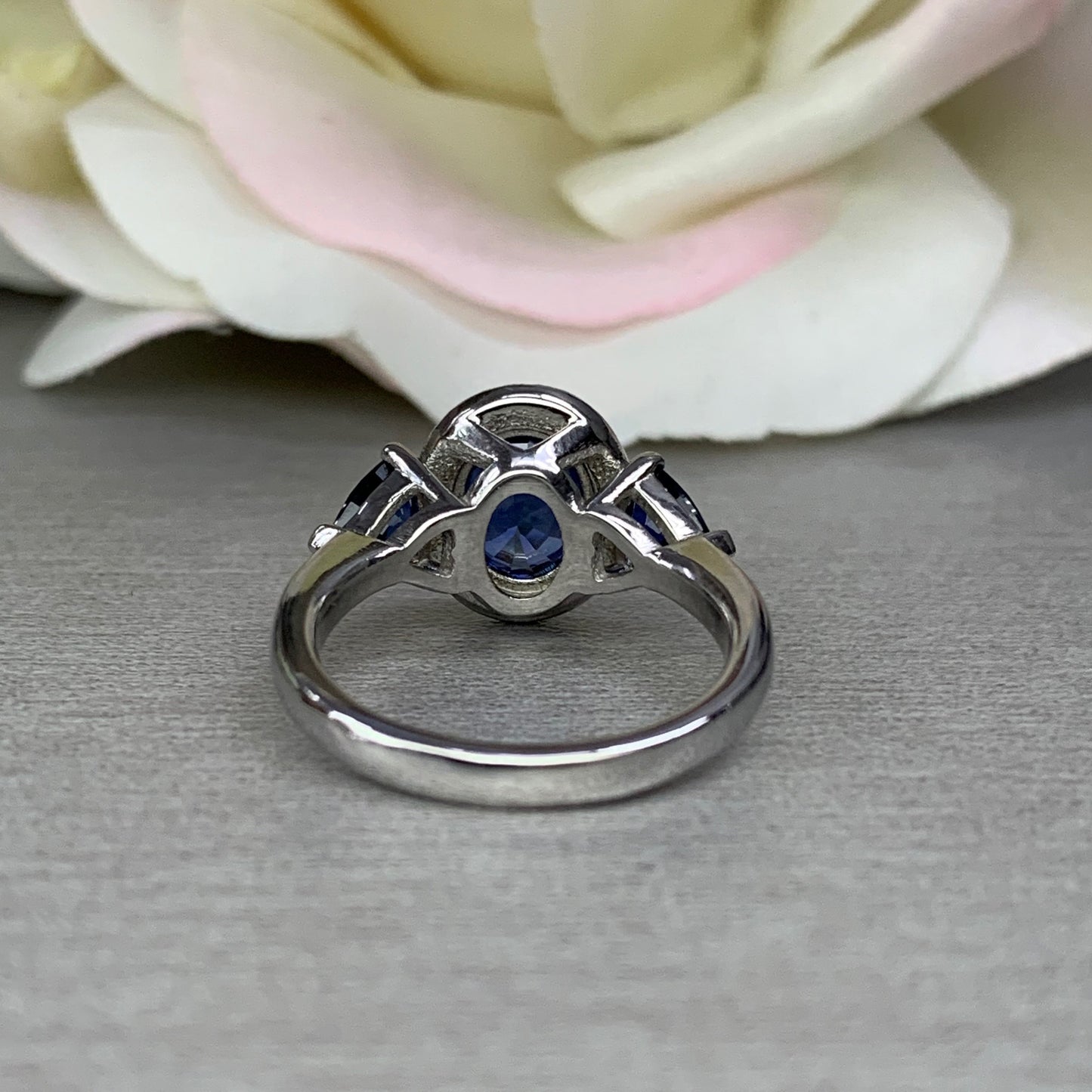 Blue sapphire oval halo with trillions, 14k white gold #5374