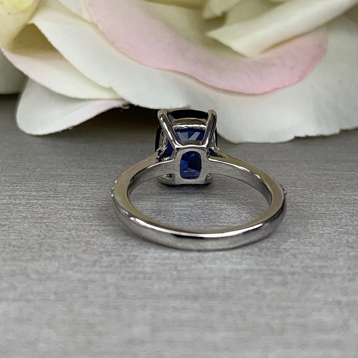 Elongated Cushion Cut Engagement Ring / Blue Sapphire Ring / Sapphire and Moissanite Ring / 14k White Gold / #6316