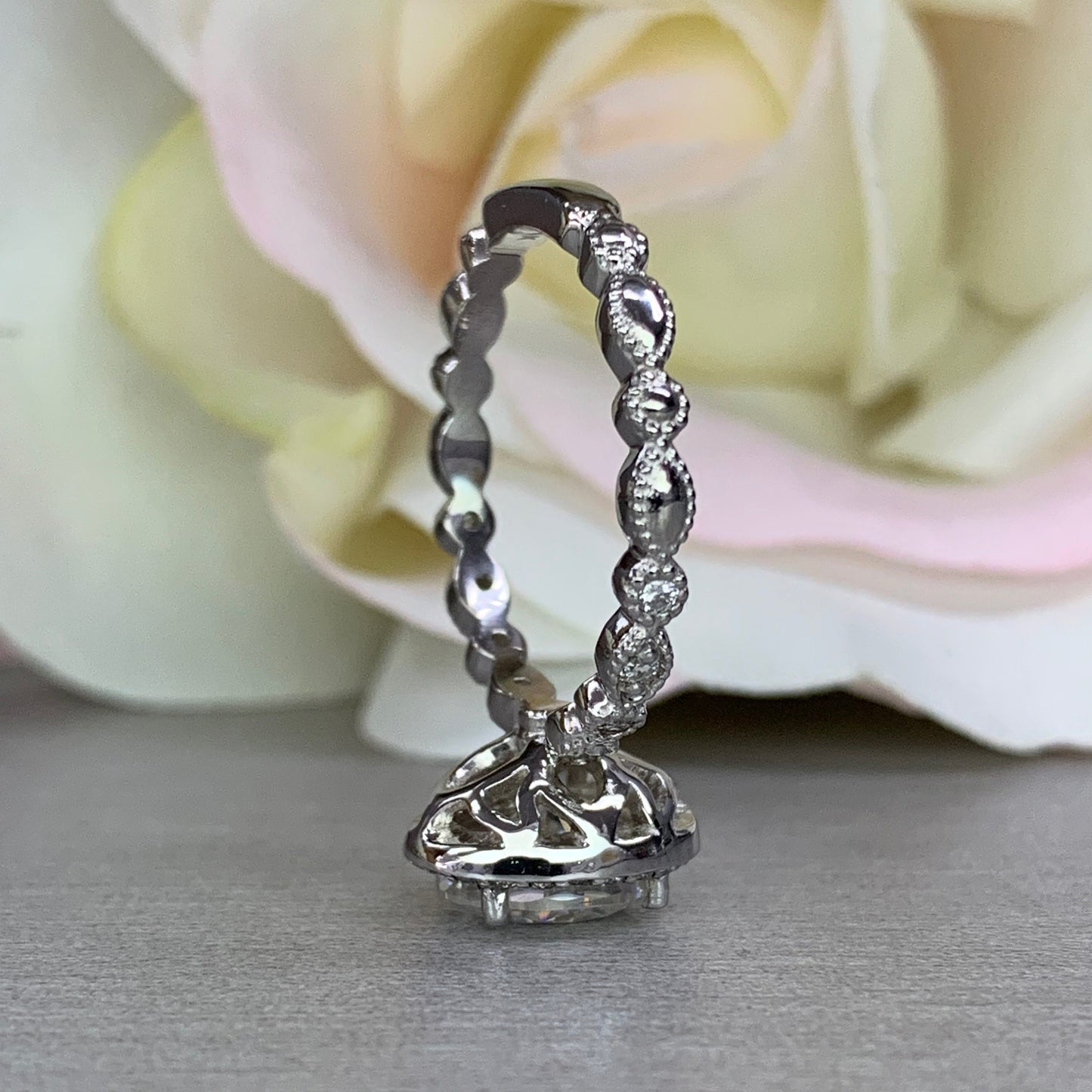 Certified moissanite oval halo ring with diamonds accent, 14k white gold