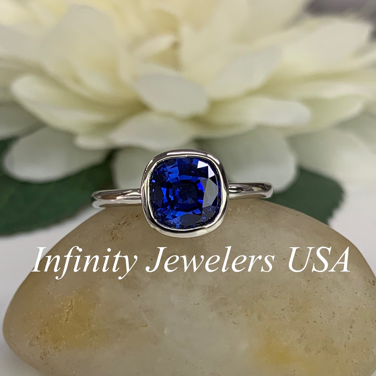 Cushion Cut Engagement Solitaire / Blue Sapphire Wedding Ring / Bezel Set Ring / 14k White Gold / #6371