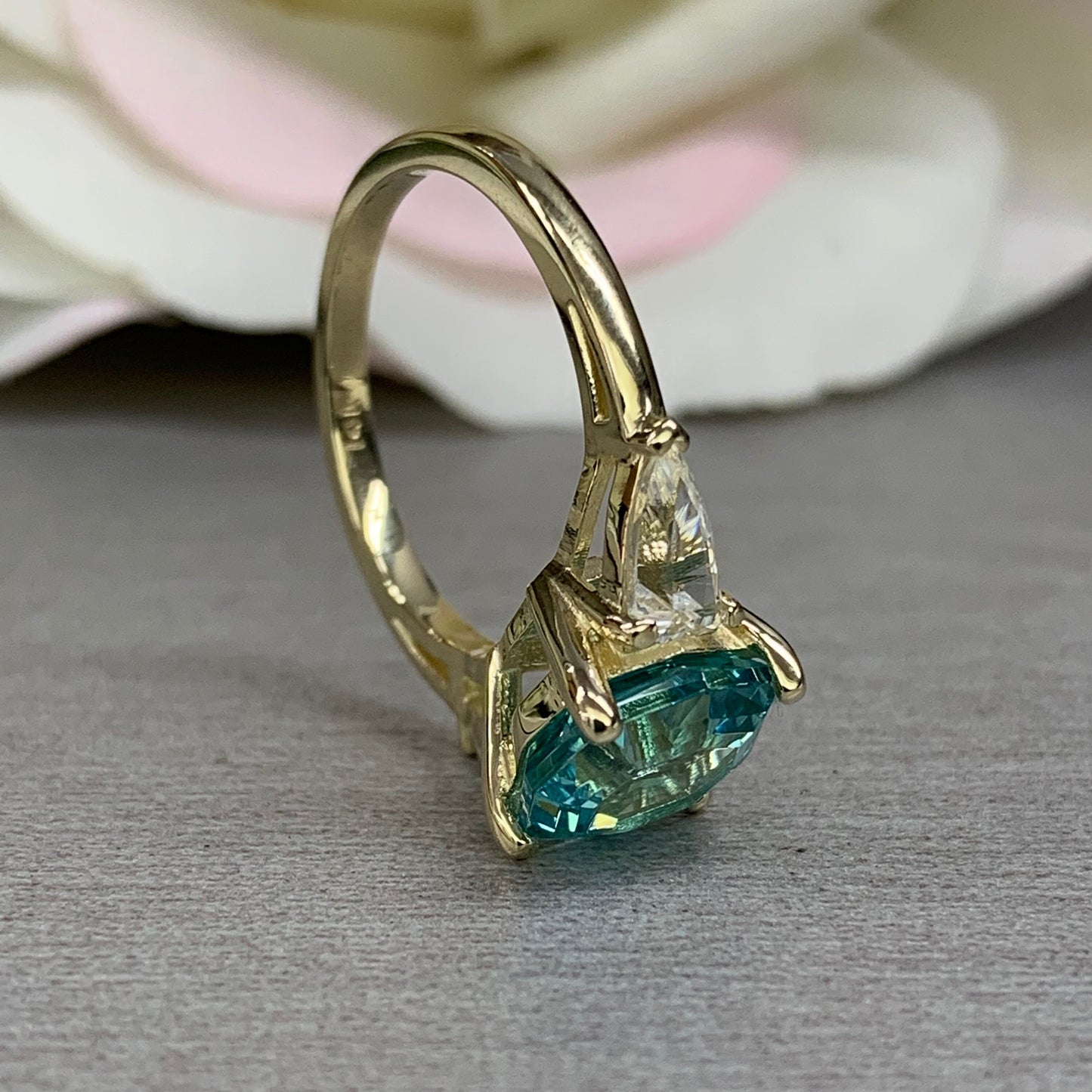 Octagon Neon Blue Paraiba Ring, Web Cut Engagement Ring, Sapphire Bullet Shape Ring, 14k Yellow Gold, #6258