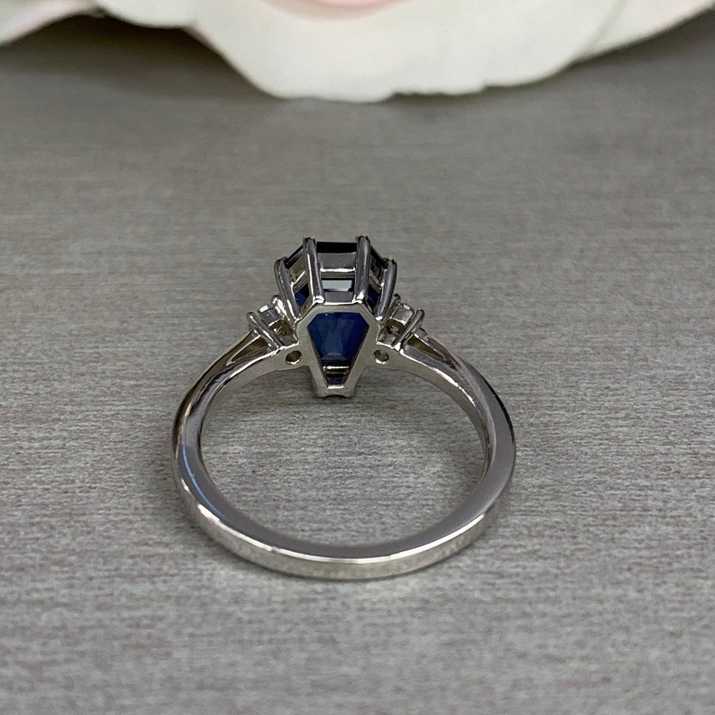 Elongated trapezoid blue sapphire with diamond sides engagement ring, 2.10ctw, 14k white gold #6083