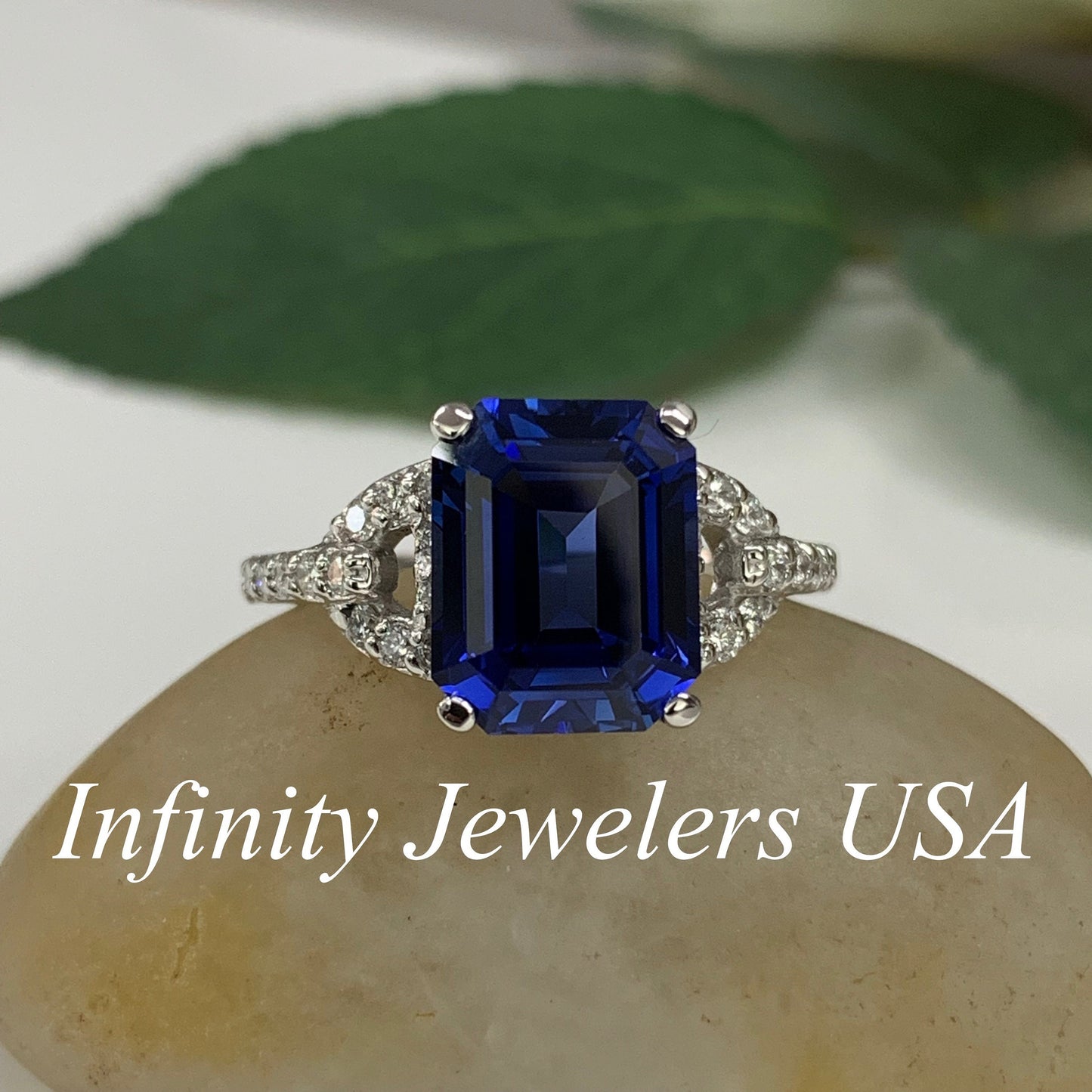 Blue sapphire Ring 14k white/yellow gold, Emerald cut blue sapphire moissanite engagement ring, Unique Vintage Sapphire Wedding Ring