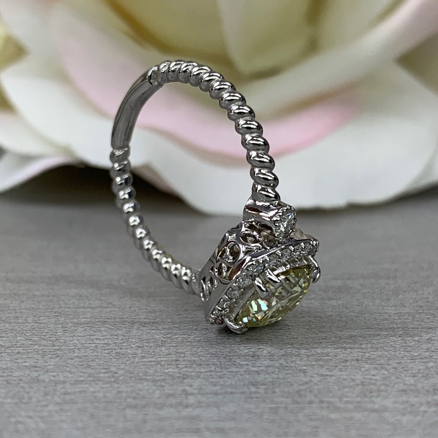 Cushion Cut Moissanite Engagement Ring, Yellow Moissanite Ring, Diamond Halo Ring, 14k White Gold, #6276