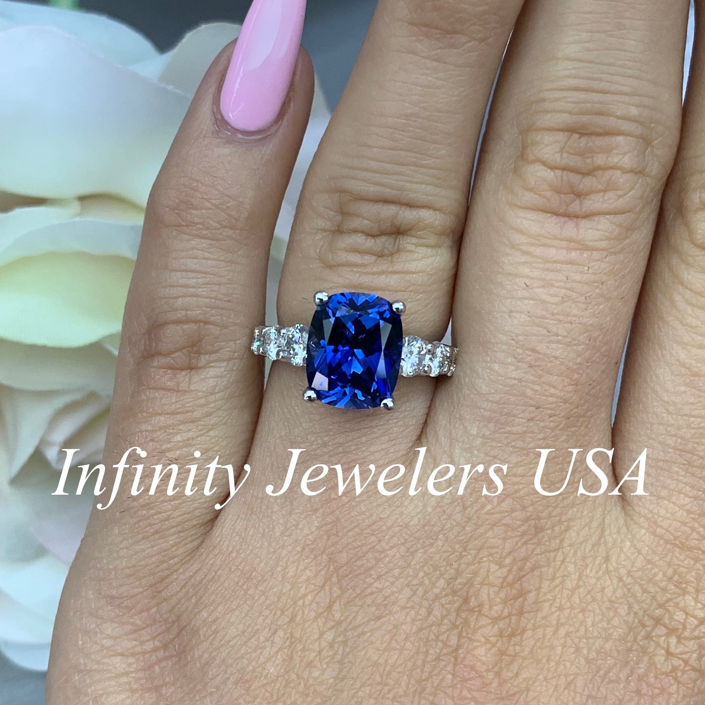 Elongated Cushion Cut Engagement Ring / Blue Sapphire Wedding Ring / Sapphire And Moissanite Ring / 14k White Gold / #6398