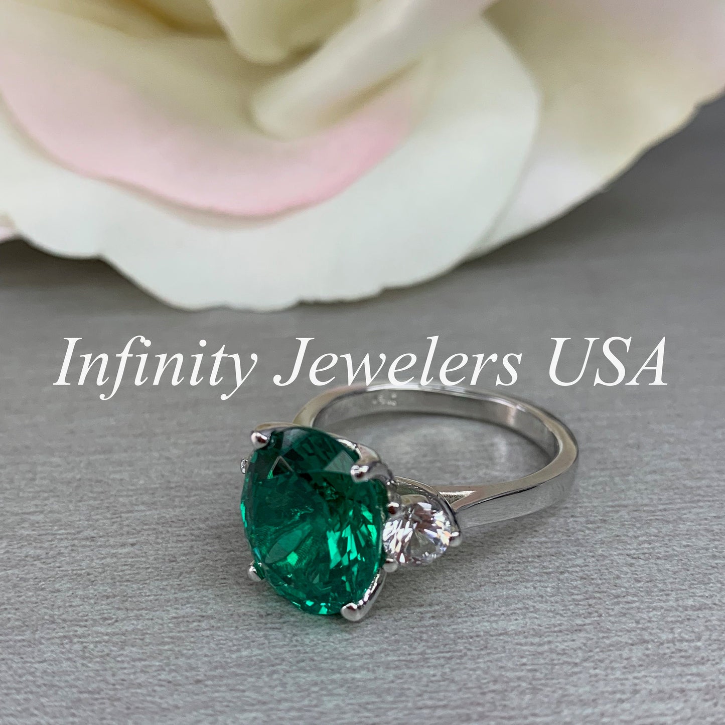 Emerald Engagement Ring , Oval Emerald Ring, Oval Cut Emerald Engagement Ring, Round White Sapphire Ring, 14k white gold #5422