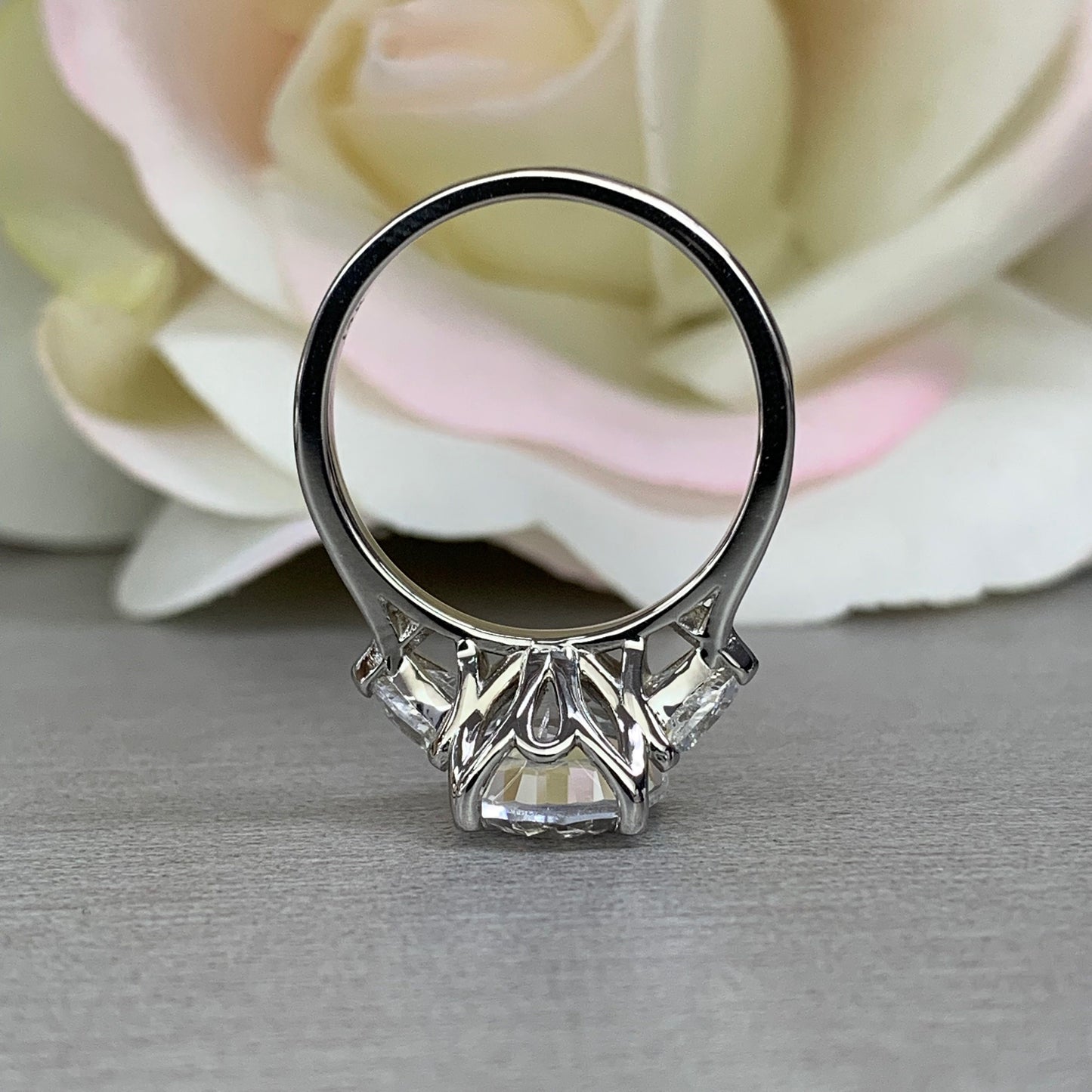 Moissanite Oval Engagement Ring With Trillion Accents, 5.00ctw, 14K White Gold Wedding Ring #5502 #6959 #6960