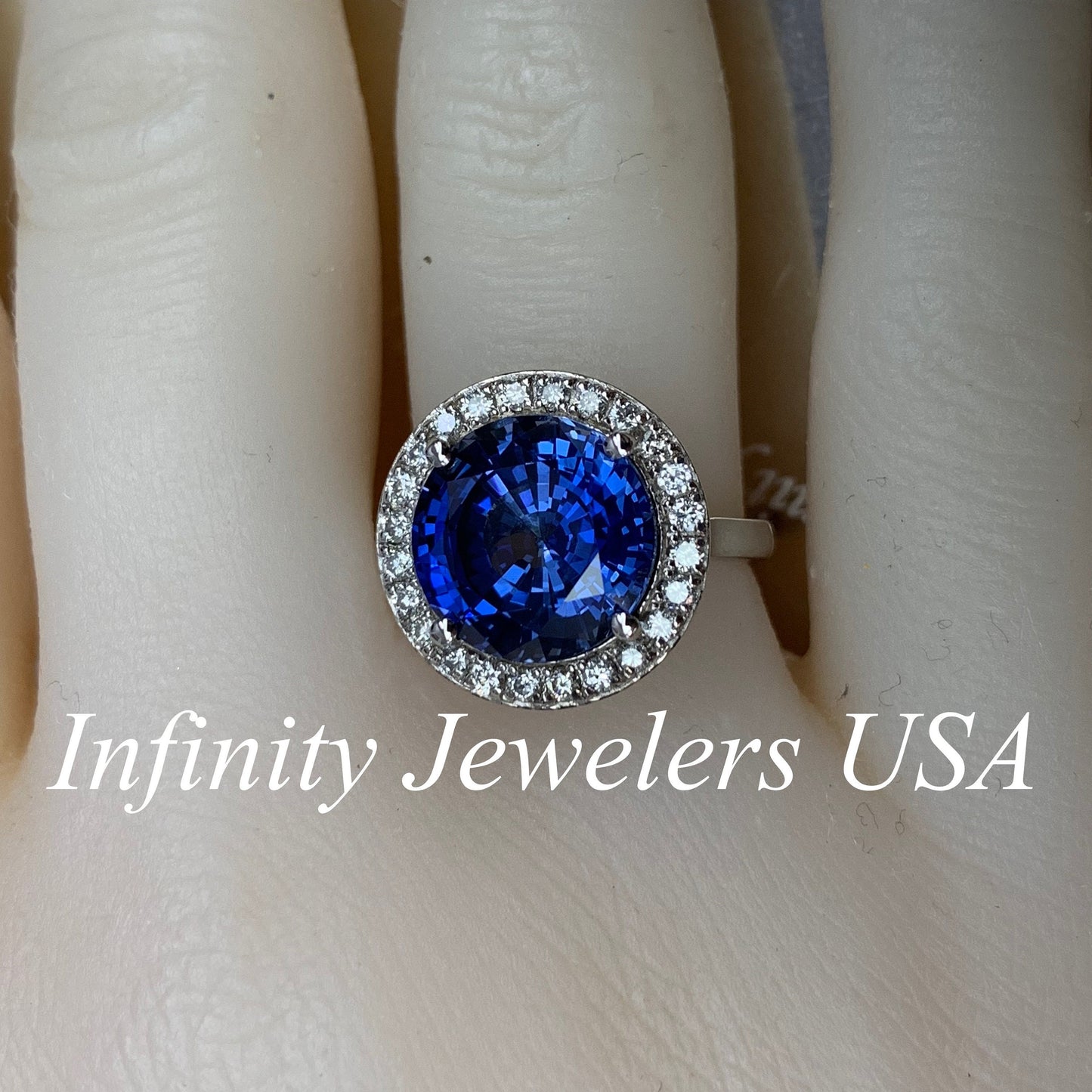 Round Blue Sapphire With Diamond Halo Engagement Ring,14k White Gold Blue Sapphire And Moissanite Halo Wedding Ring, Unique Ladies Ring 5945