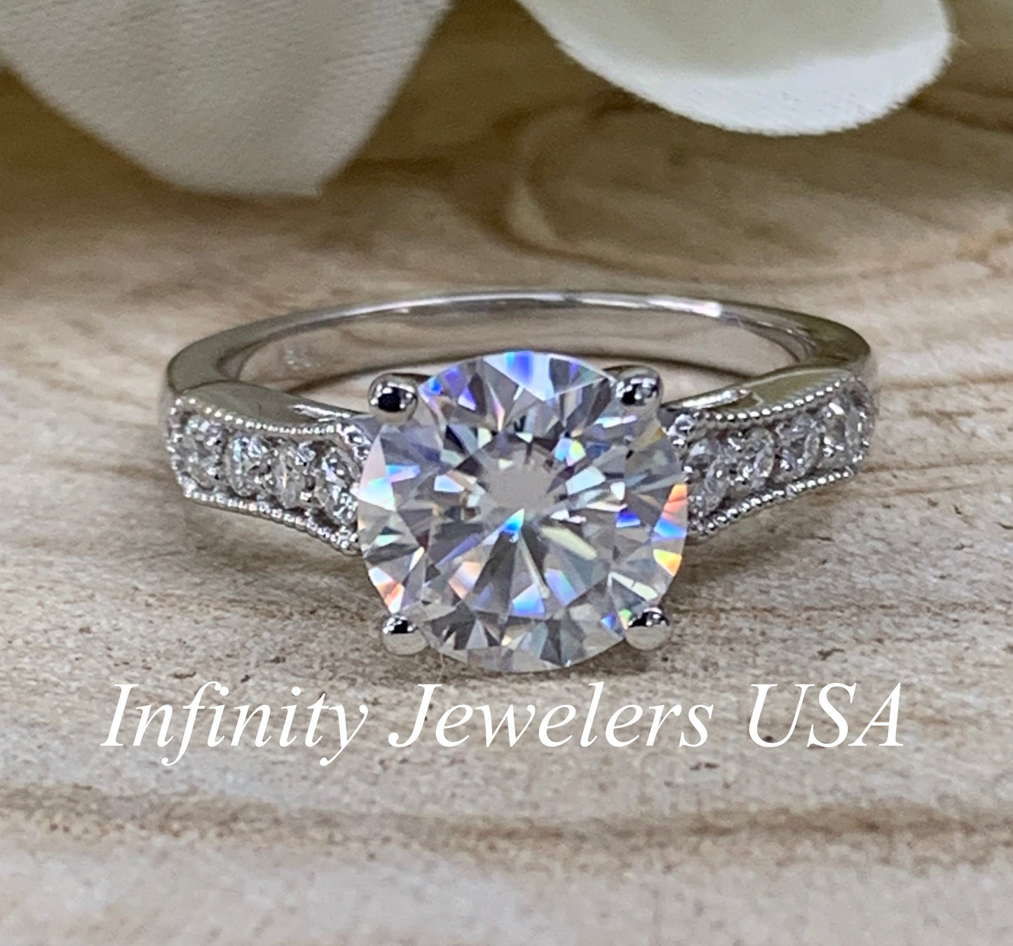 Moissanite Engagement Ring / Round Engagement Ring / Moissanite Wedding Ring / Unique Proposal Ring / 14k white gold / #6460 #6461