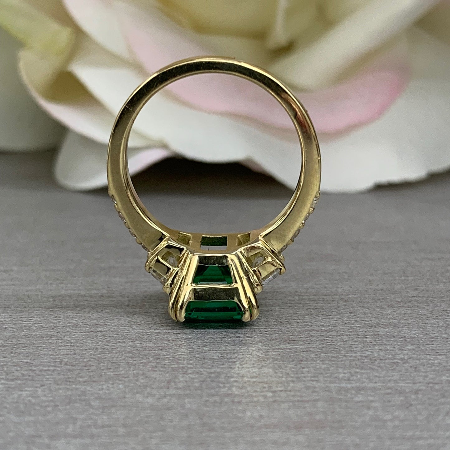 Emerald cut green emerald with trapezoid sides and round accents engagement ring, 4.50ctw, 14k yellow gold #6103