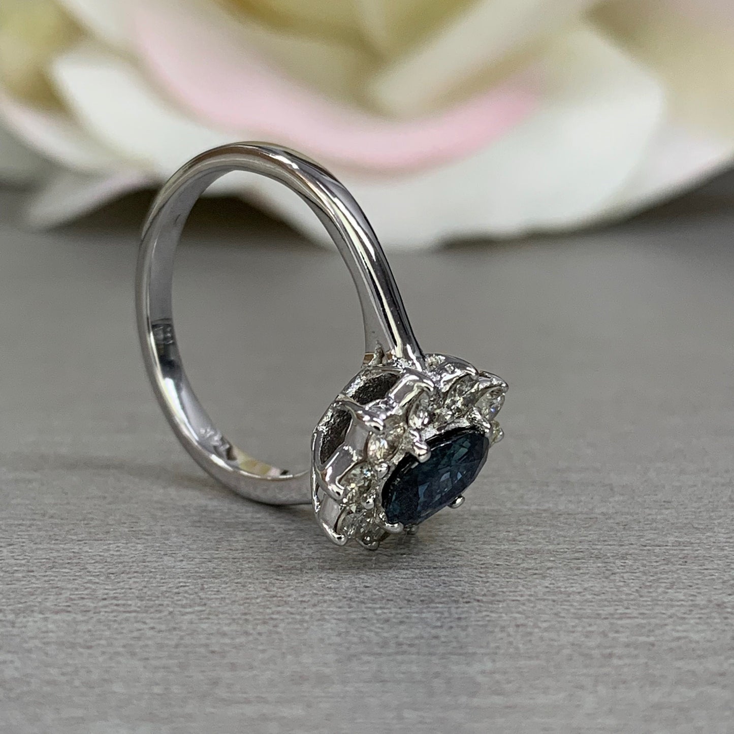 Natural blue sapphire and diamond ring 14k white gold, Blue sapphire engagement ring, Unique Vintage style halo diamond wedding ring, #5974