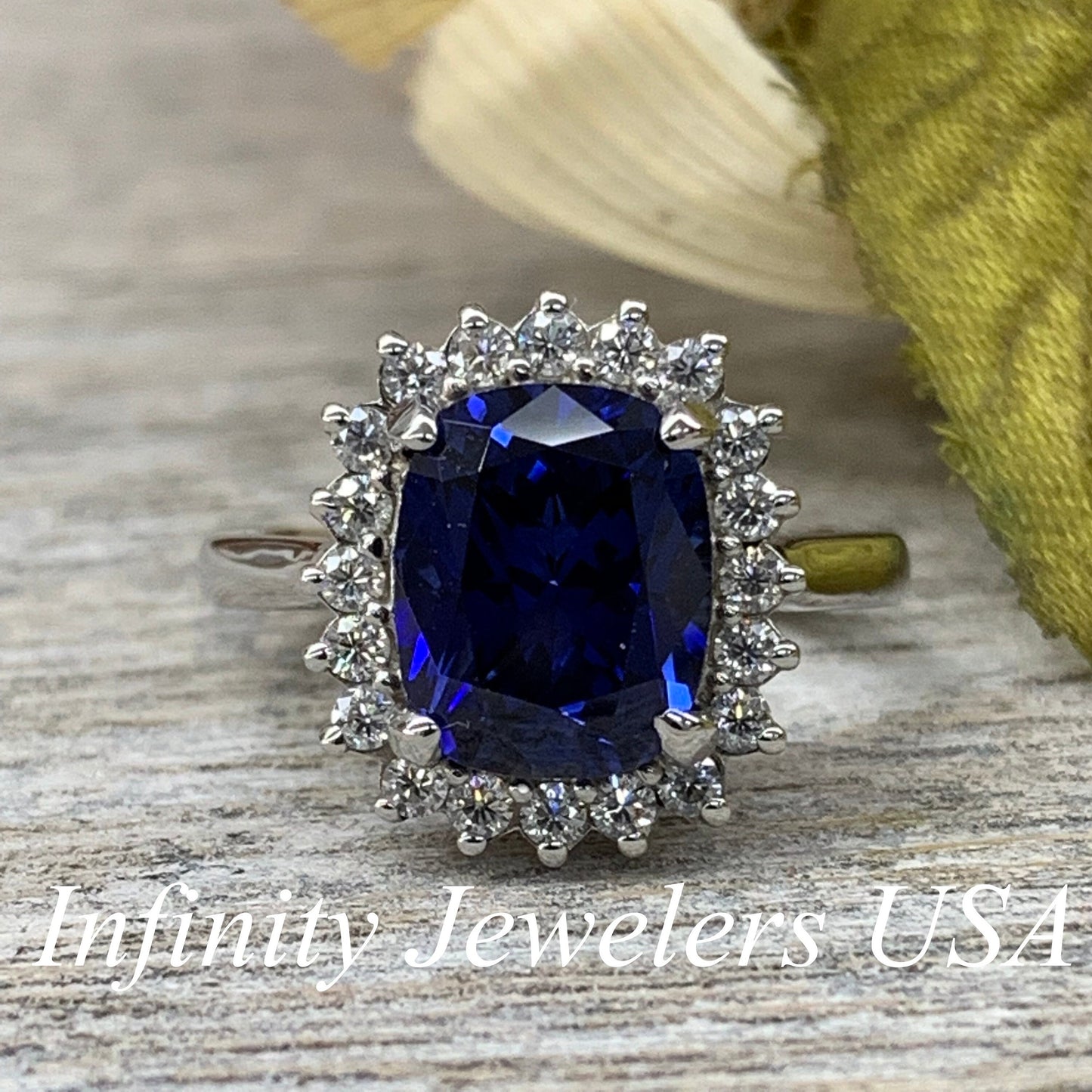 Cushion Cut Blue Sapphire And Diamond Halo Engagement Ring, Ladies Elongated Cushion Cut Blue Sapphire And Moissanite Halo Wedding Ring 6522