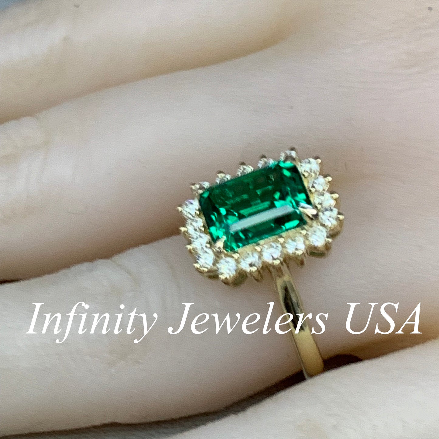 Emerald Cut Engagement Ring / Moissanite Halo Engagement Ring / 14k Yellow Gold / Emerald Ring