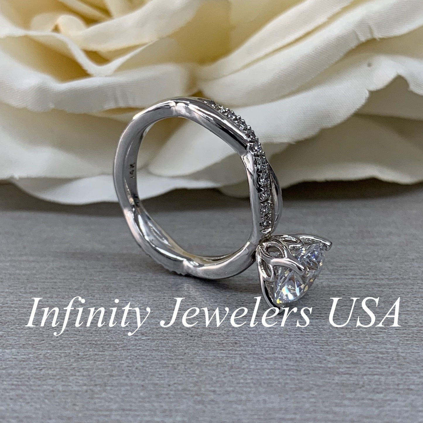 Moissanite Engagement Ring White Gold Round Shaped Moissanite Engagement Ring with Diamond Infinity Band Unique Vintage Promise Rings #5201