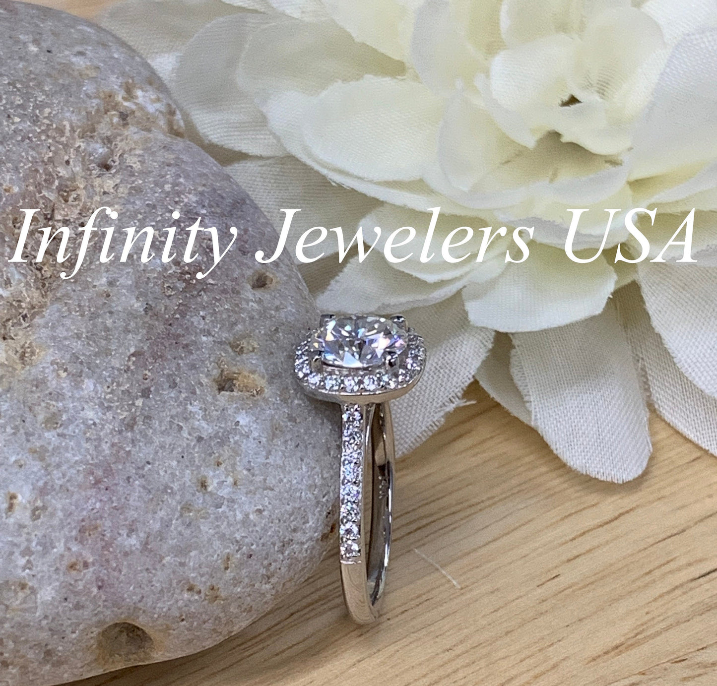 Moissanite Engagement Ring With Round Center Set In A Cushion Shape Halo And Accent On Band 14k White Gold, Moissanite Wedding Ring #5039